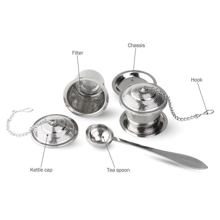 OUNONA Tea Strainer Loose Tea Infuser 304 Stainless Steel Tea Steeper (Set of 2) with Tea Scoop and Drip Trays N6