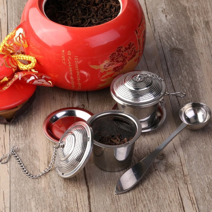 OUNONA Tea Strainer Loose Tea Infuser 304 Stainless Steel Tea Steeper (Set of 2) with Tea Scoop and Drip Trays N7