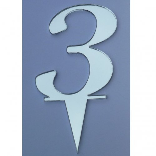 3 Silver Acrylic Mirror Cake Topper Number Script 10cm (4inch) Number Height inc spike 15cm N3