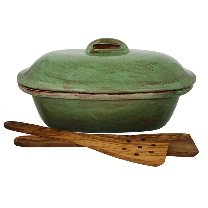 French Home 3.75 quart Stoneware Roaster with Lid and a Set of 13" Olive Wood Spatulas, Cilantro Green