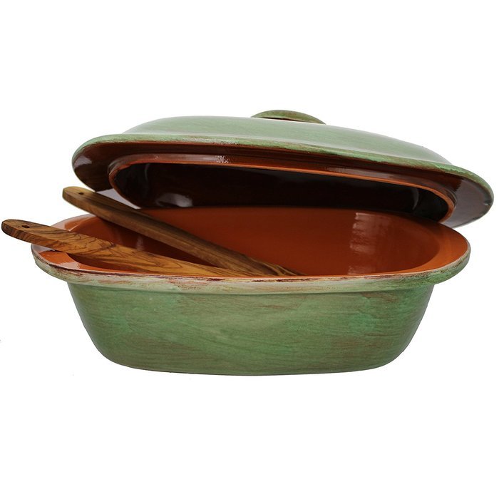 French Home 3.75 quart Stoneware Roaster with Lid and a Set of 13" Olive Wood Spatulas, Cilantro Green N2
