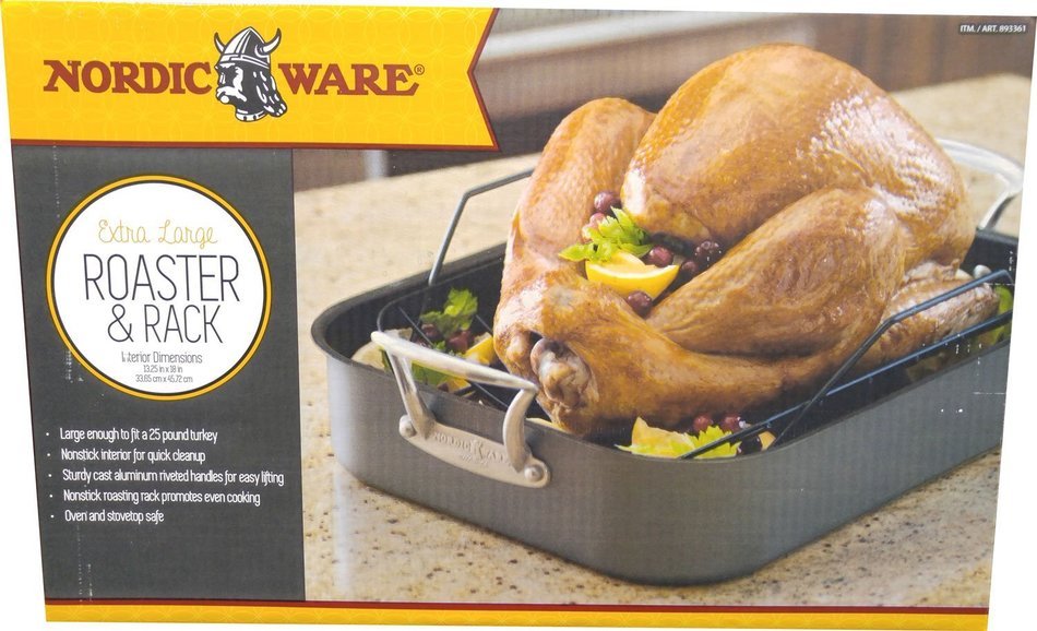 Nordic Ware Extra Large Non Stick Roaster and Rack Riveted Cast Aluminum Handles Upto 25lb Turkey 18 x 13.25 in N3
