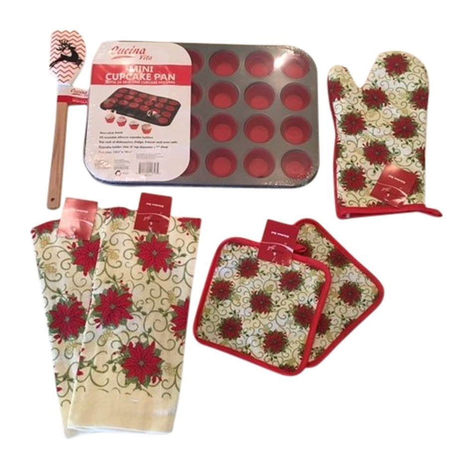 Mini Cupcake pan, Christmas Dish Towels, Pot Holders, Oven Mitt and Spatula 7 Piece Bundle N4