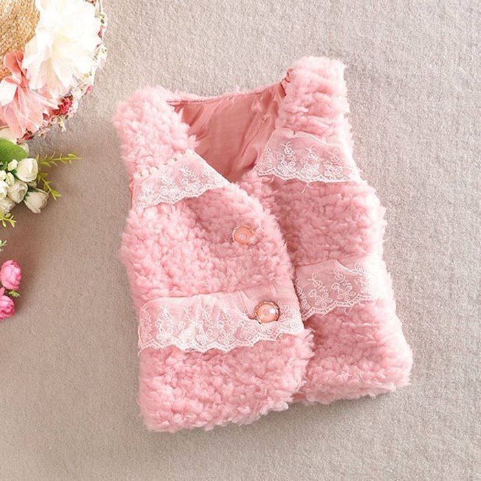 Laimeng,Kid Baby Infant Girls Lace Sweet Winter Waistcoat Thick Warm Tops Vest Clothes (100, Pink) N2