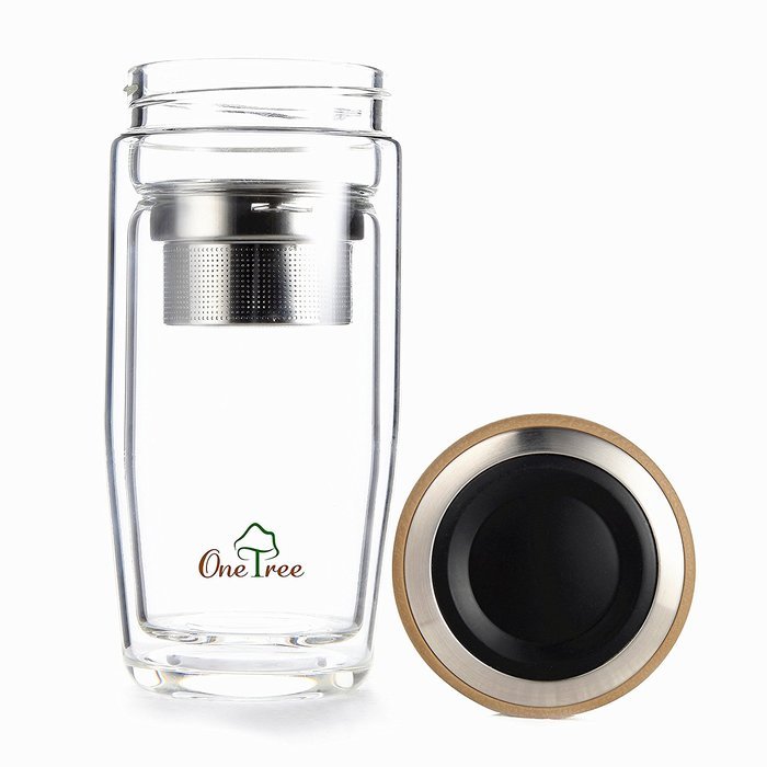 One Tree Double Walled Glass Water Bottle With Tea Infuser, Bpa Free And No Leak For Tea Fruit And Coffee, With... N7