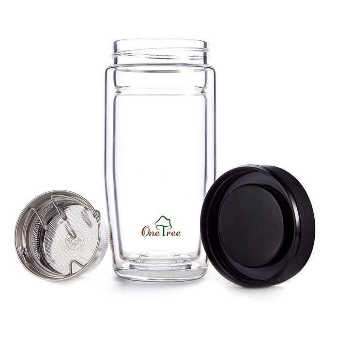 One Tree Double Walled Glass Water Bottle With Tea Infuser, Bpa Free And No Leak For Tea Fruit And Coffee, With... N8