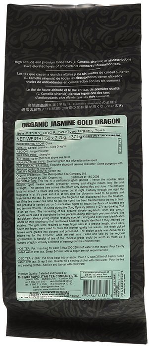 Metropolitan Tea 50 Count Pyramid Shaped Teabags, Jasmine Gold Dragon N2