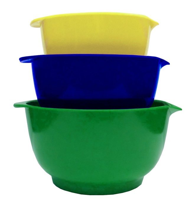 GHP 3-Piece Melamine Mixing Bowl Set with Non-Skid Silicone Bottoms, Yellow/Blue/Green