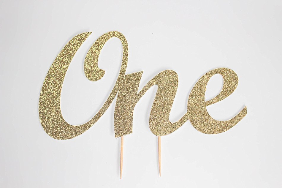Personalized First Birthday "One" Cake Toppers - (customizable, gold cute party supplies, birthday party, simple...