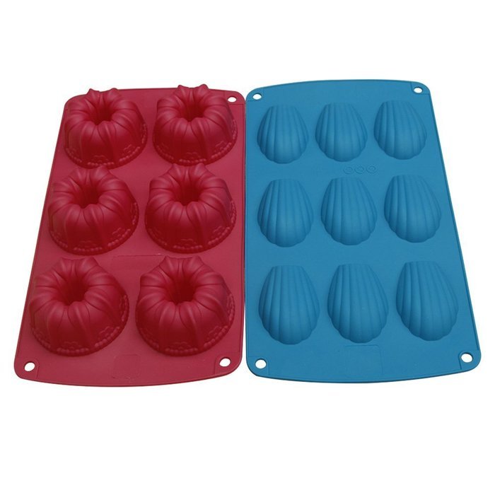 Webake 2 Pack Silicone Cake Molds,Bundt and Madeleine Pan,Round and Heart Shape Muffin Cupcake Pan (Red,Blue) N2