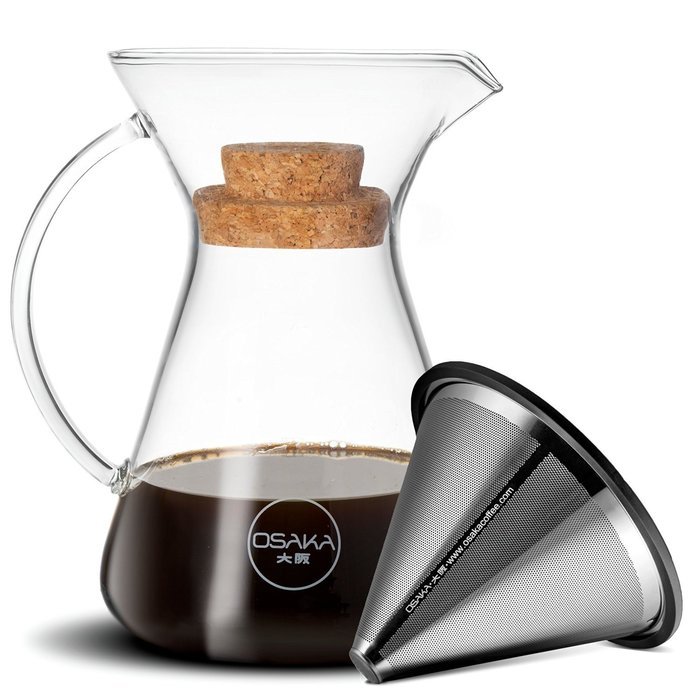 Osaka Pour Over Coffee Brewer - Beautiful Glass Carafe with Stainless Steel Cone Filter. "Kiyomizu-Dera" (20 oz) N2