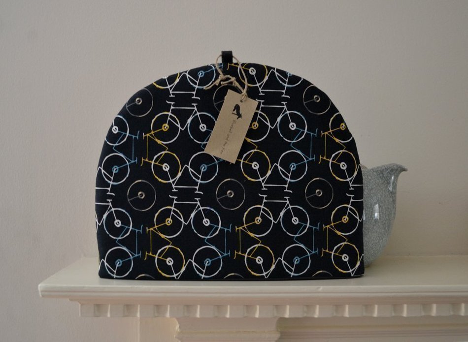 Artisanal Insulated Tea Cozy - Abstract Bicycles Geometric Steel Gray Fine Cotton - 4 Sizes Available N3