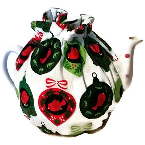 Teapot Cozy with Red green ornaments on White for 5-8 cup teapot #347 N2