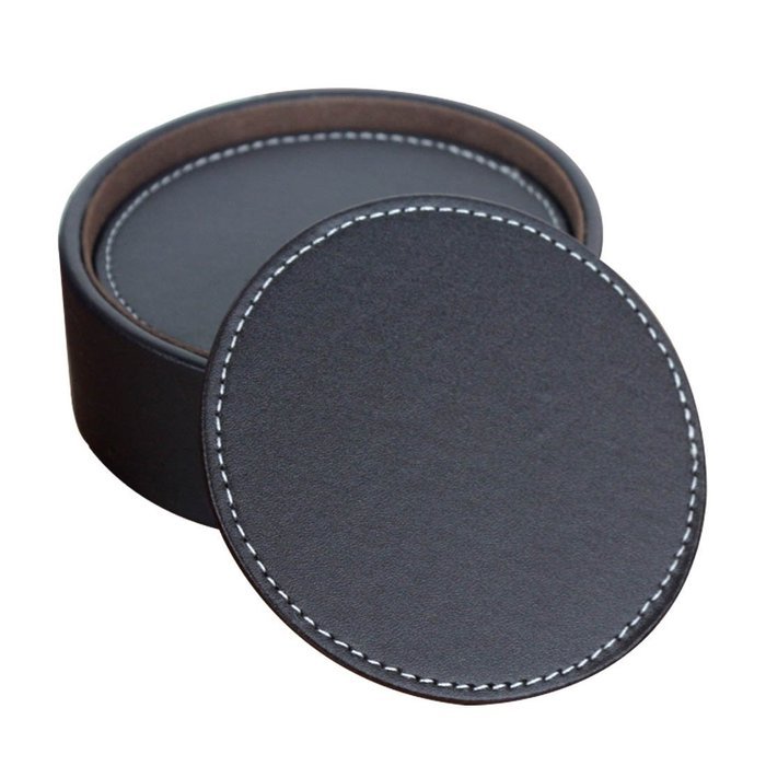 Set of 6 Leather Round Drink Coasters Cup Mats with Coaster
