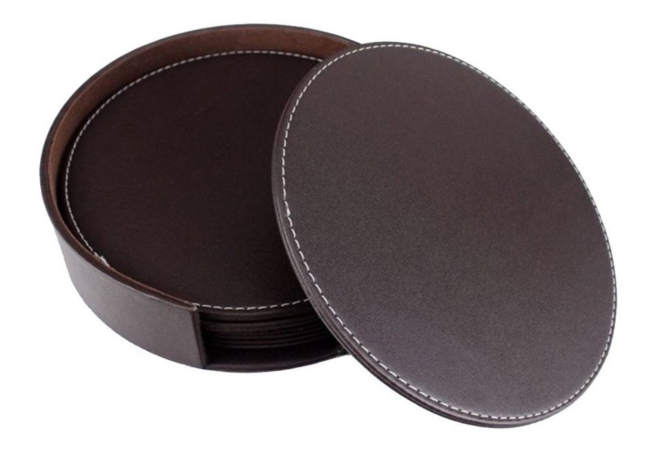 Set of 6 Leather Round Drink Coasters Cup Mats with Coaster