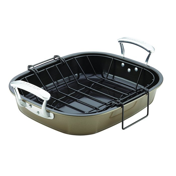 Anolon Nonstick Bakeware Roaster with Hanging U-Rack, 16 x 13-1/2", Pewter/Bronze