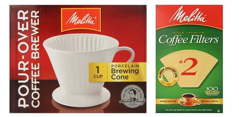Melitta 64101 Porcelain #2 Cone Brewer with Cone Coffee Filter #2 - Natural Brown 100 Count N3