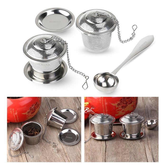 OUNONA Tea Strainer Loose Tea Infuser 304 Stainless Steel Tea Steeper (Set of 2) with Tea Scoop and Drip Trays N8