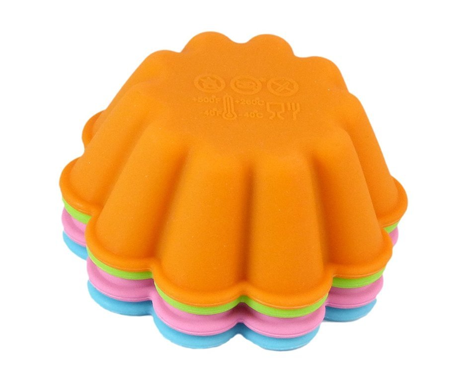 Bakerpan Silicone Mini Cake Pan, Flower Shape Large Muffin Cup, 3 1/2 Inch Baking Cups, 4 Pack