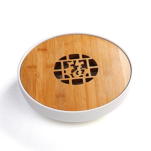 CCWY High-grade matte hollow bamboo tea kungfu Ding Fu tea ceramic tea Sheng Shui Zhu circular trays,White character...