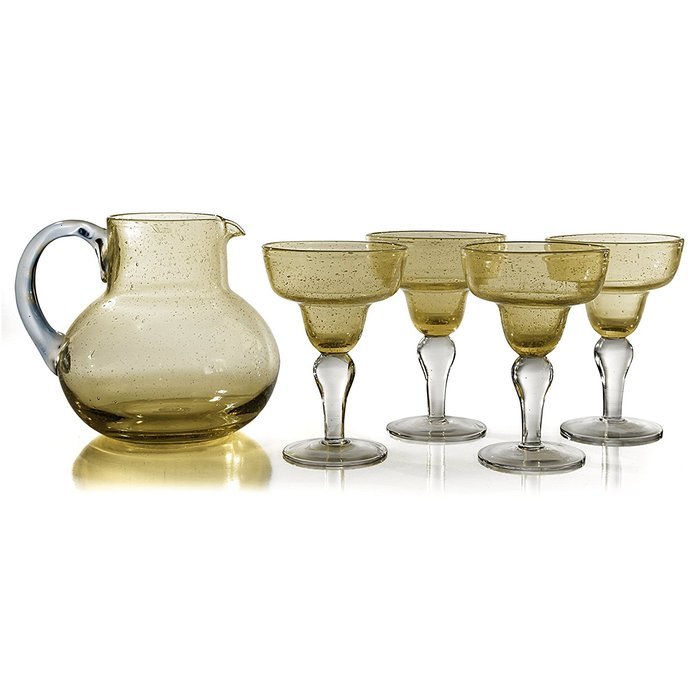 Artland Iris Seeded Turquoise 5 Piece Hand Blown Glass 2.8 Quart Pitcher and Margarita Glass Set N4