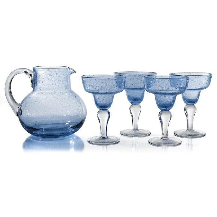 Artland Iris Seeded Turquoise 5 Piece Hand Blown Glass 2.8 Quart Pitcher and Margarita Glass Set N6
