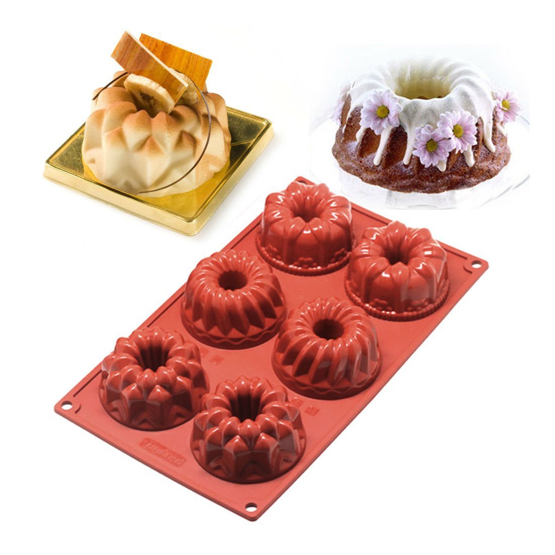 6-Cavity Silicone Mini Bundt Mold Baking Pan Kouglof Savarin Bakeware ...