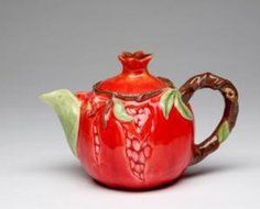 Red Pomegranate Shape Design with Seeds and Leaves Teapot Collectible