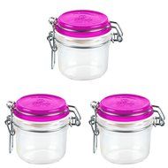 Bormioli Rocco: 3 "Fido" Jars (Capacity: 200ml - 6.76fl.oz), Fuchsia Lid [ Italian Import ]