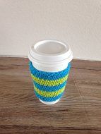 Crochet cup cozy, coffee cup sleeve, reusable coffee sleeve, coffee cup cozy in bright blue and lime green stripes N3