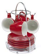 Imusa A120-22179 Red Stoneware Espresso Set with Chrome Rack, 8 piece