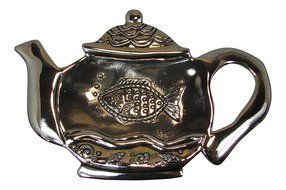 Ganz Zinc Metal Teapot Shaped Tea Bag Coaster With Fish