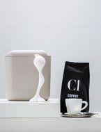Koziol Hot Stuff Coffee, Tea, Sugar Storage Container With Scoop 500&nbsp;G/17 oz, Taupe/White N2