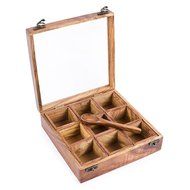 Rusticity Wood Tea / Spice Storage Box with Plastic Lid, Spoon and 9 removable pockets | Handmade | (8x8 in) N5
