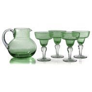 Artland Iris Seeded Turquoise 5 Piece Hand Blown Glass 2.8 Quart Pitcher and Margarita Glass Set N7