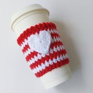 Travel Coffee Sleeve Striped Red and White with Heart Applique