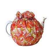 Teapot Cozy with Yellow birds and Orange, Red paisley on white for a 5-8 cup teapot #307 N4