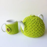 Crochet Tea Pot Cozy Tea Cup Cozy Set 2PC Gift Set Green Cotton N2
