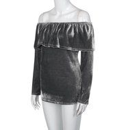 Women&#039;s Blouse,Laimeng Winter Velvet Long Sleeve Off Shoulder Flared Casual Tops Blouse (M, Gray) N8