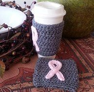 Crochet Coffee Sleeve Set of 2 Grey with Pink Ribbon Breast Cancer Awareness N2