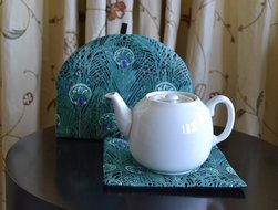 Artisanal Cotton Insulated Tea Cozy - OR Tea Cozy Set With Trivet - Liberty of London Inspired Turquoise Peacock... N2