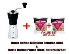 Hario Coffee Mill Slim Grinder, Mini & Hario 02 100 Count Coffee Paper Filter, Natural X2 Set(total 200 Sheets... N2