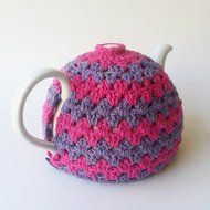 Crochet Tea Pot Cozy Hot Pink and Lavender Cotton Yarn N3
