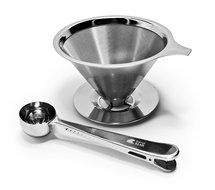 Stainless Steel Pour Over Coffee Dripper - Reusable Double Layer Mesh Filter and Coffee Scoop with Bag Clip N4