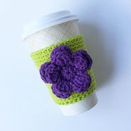 Crochet Coffee Cozy - Green with Purple Flower N3