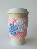 Coffee Sleeve- Coffee Cozy Cup Sleeve - Pink with Flower Appliques