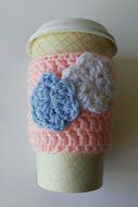 Coffee Sleeve- Coffee Cozy Cup Sleeve - Pink with Flower Appliques N2