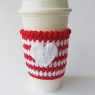 Travel Coffee Sleeve Striped Red and White with Heart Applique N3