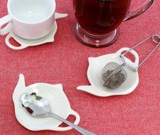 4-Pack of Blue & White Teapot-Shaped Porcelain Ceramic Tea Bag Coasters; Set of Handcrafted Tea Bag Caddies, Spoon... N6