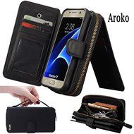 Samsung Galaxy S7 Dermis Wallet case,Aroko Handmade Genuine Cowhide Leather Wallet Cover Case Large Capacity Leather... N17